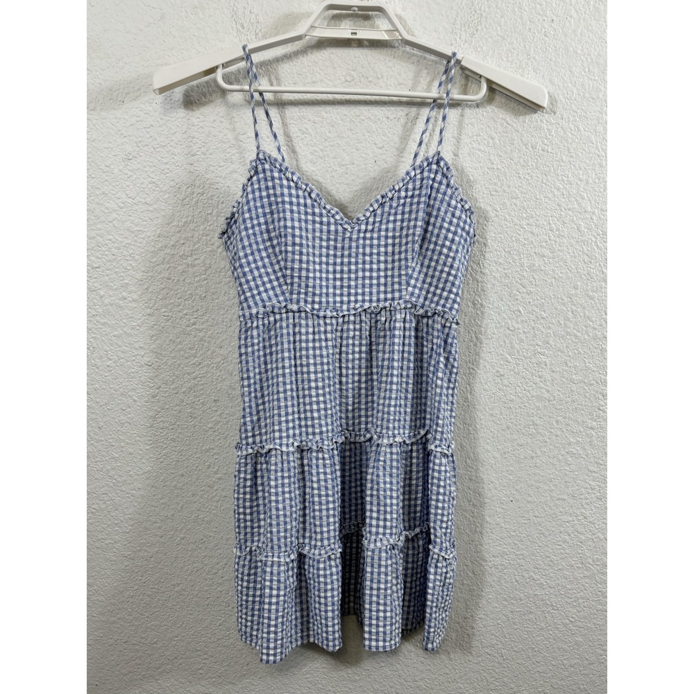 Love Tree Dress Womens Medium Blue White Gingham Babydoll Seersucker Mini Tiered